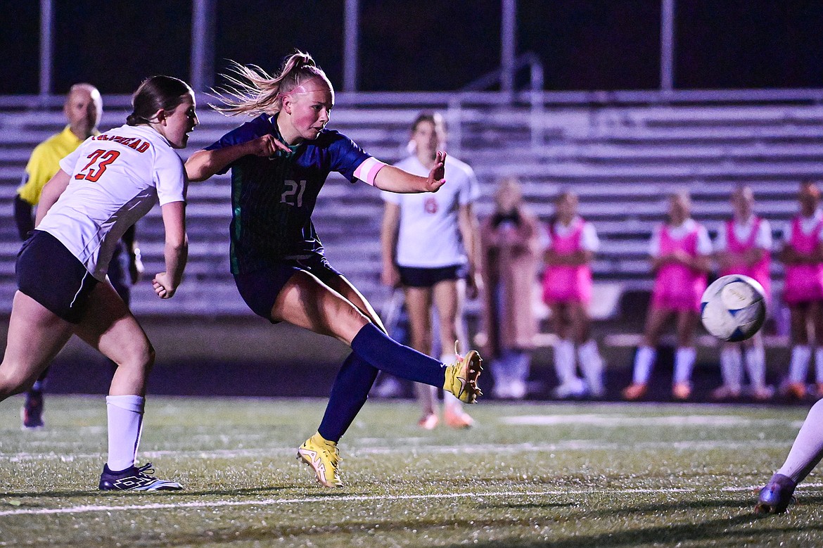 Glacier's Emmery Schmidt (21) shoots in the first half against Flathead at Legends Stadium on Tuesday, Oct. 8. (Casey Kreider/Daily Inter Lake)