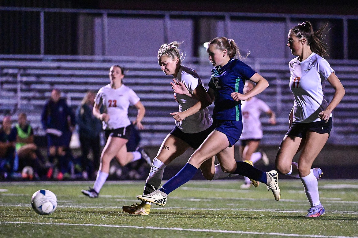 Glacier's Lucy Holloway (12) shoots in the second half against Flathead at Legends Stadium on Tuesday, Oct. 8. (Casey Kreider/Daily Inter Lake)