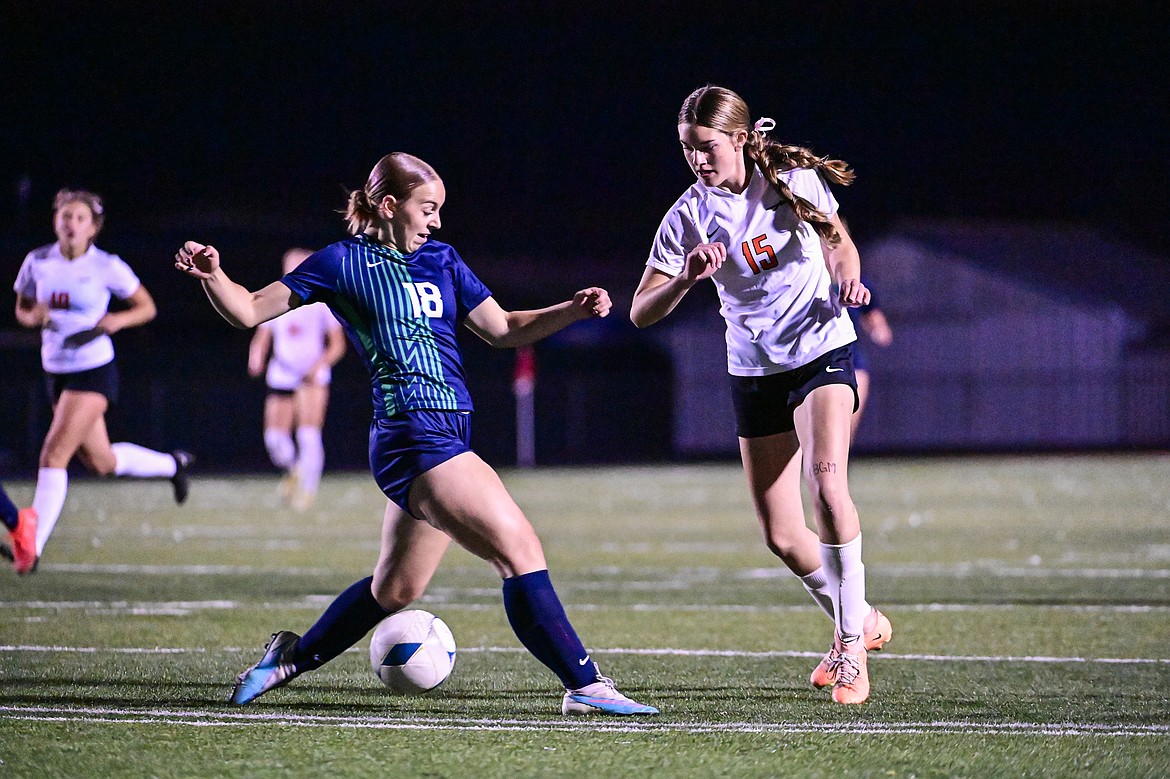 Flathead's Adeline Schneider (15) pushes the ball upfield in the first half against Glacier at Legends Stadium on Tuesday, Oct. 8. (Casey Kreider/Daily Inter Lake)