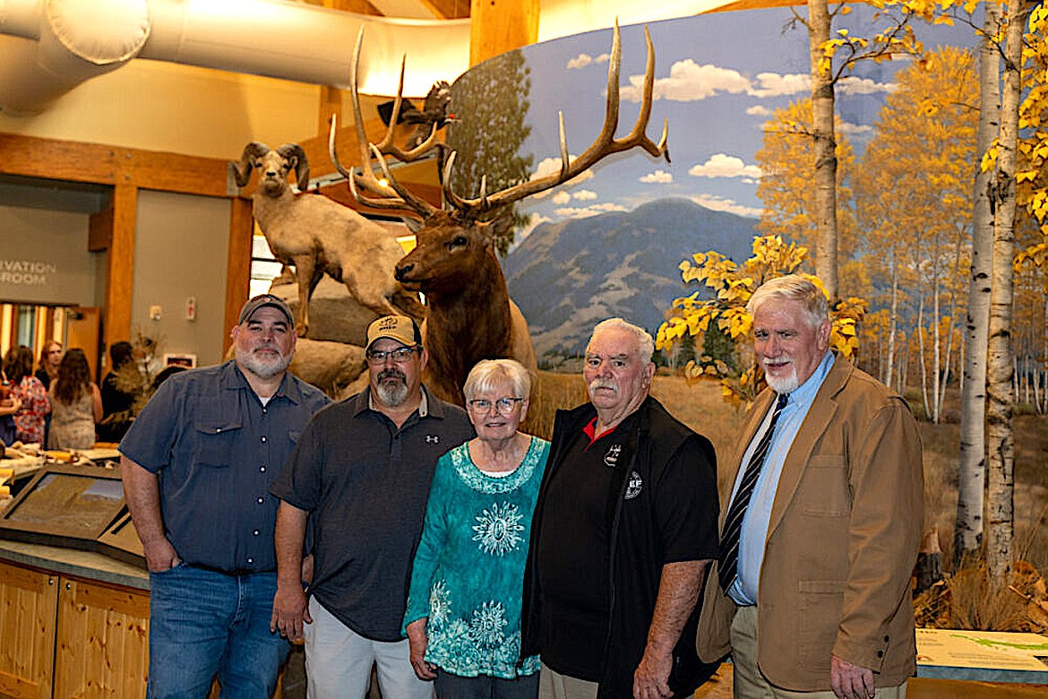 The Decker family, including sons Russ, Steve and Ken, and their parents Yvonne and Charlie, gathered at Rocky Mountain Elk Foundation headquarters for a portrait during the Aug. 22, 2024, unveiling of the bronze statue of co-founder Charlie. (Photo courtesy Rocky Mountain Elk Foundation)