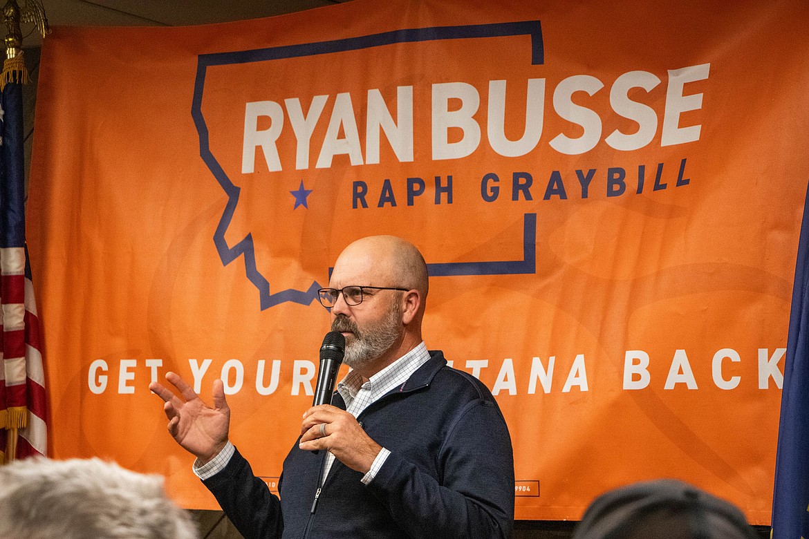 Ryan Busse, Democrat candidate for governor, spoke at a town hall in Kalispell on Oct. 7, 2024. (Kate Heston/Daily Inter Lake)