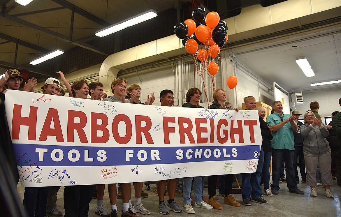 Flathead High School students surprise automotive teacher Rob Hunter with a Harbor Freight Tools for Schools $50,000 prize on Tuesday, Oct. 8, 2024. (Hilary Matheson/Daily Inter Lake)