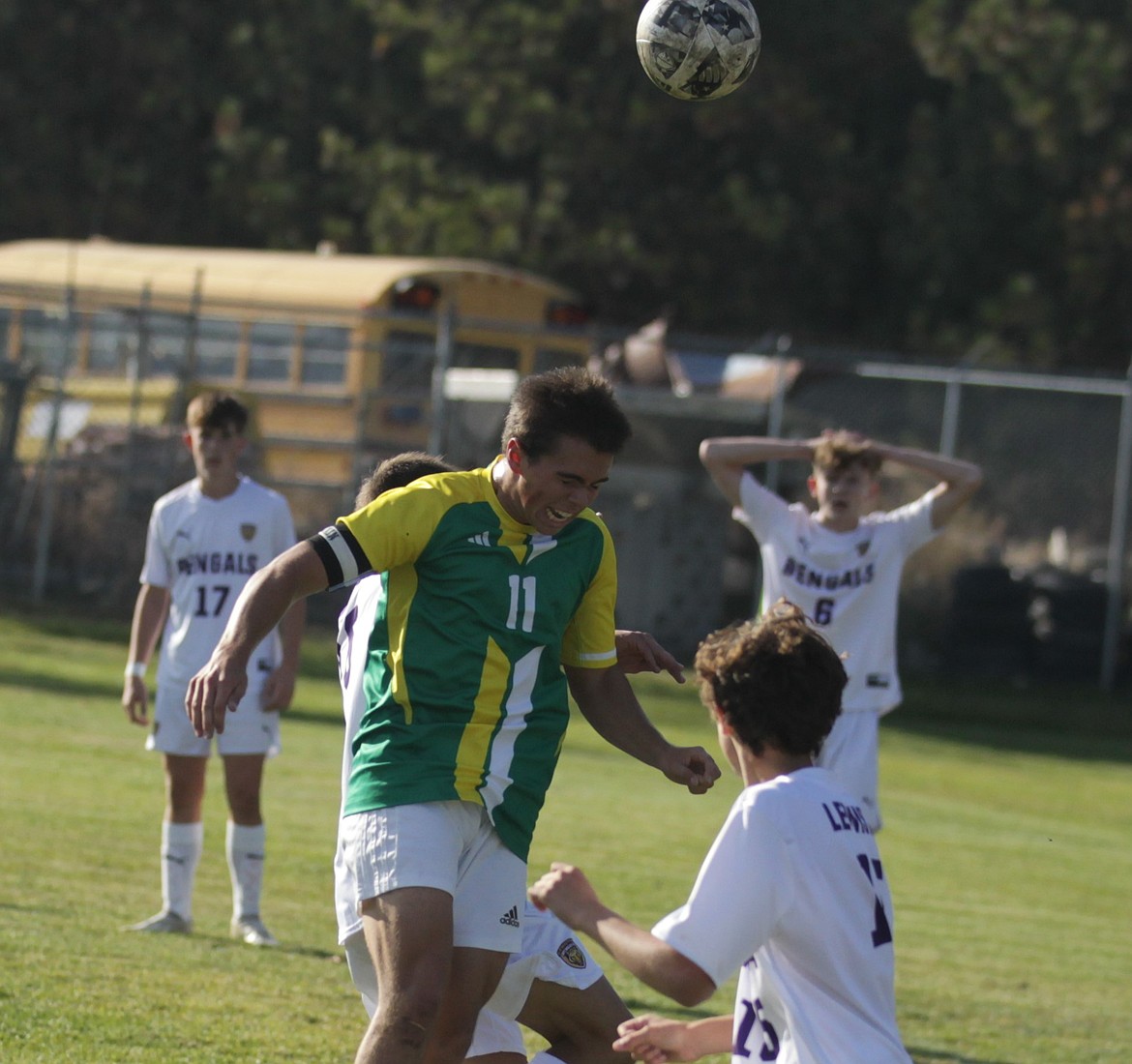 JASON ELLIOTT/Press
Lakeland junior midfielder Ethan Hunt heads the ball off a corner kick during the first half of a 5A Region 1 boys soccer tournament match at Sunrise Rotary Field in Rathdrum.