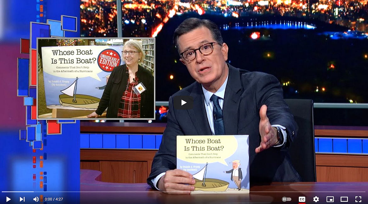 In 2019, Stephen Colbert of the "Late Show" targets the Coeur d’Alene Library Book Bandit. Librarian Bette Ammon appears in the inset photo.