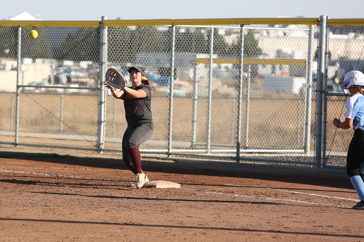 Moses Lake senior Jenika Balderas (3) catches the ball for an out at first base in the opening game of Tuesday’s doubleheader against West Valley (Yakima). Balderas went three-for-four at the plate with four RBI in the night cap on Tuesday.