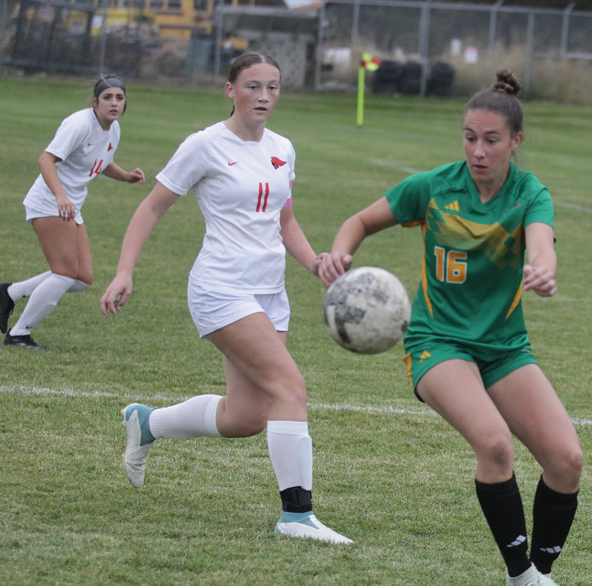 JASON ELLIOTT/Press
Lakeland's Karstyn Kiefer attempts to make a move toward the goal on Post Falls defender Jaina Grothe during the first half of Wednesday's 5A Region 1 girls soccer match at Sunrise Rotary Field in Rathdrum.