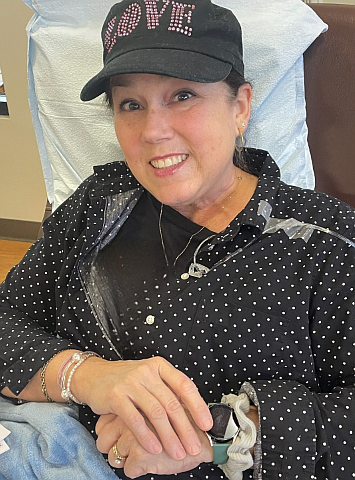 Stephanie Keaty receives IV chemotherapy in January 2024. She underwent a bilateral mastectomy when she was first diagnosed with breast cancer in 2005, then again when she had to have the prosthetic breasts removed in 2019 after the cancer returned and spread. "We’re all going to die at some point," Keaty said. "I personally have come to a deeper understanding of the value of life, every single day. That’s what keeps me moving."