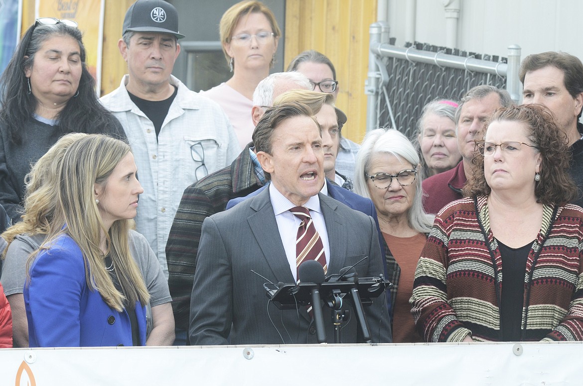 Jeff Rowes, senior attorney at the Institute for Justice, speaks at a press conference at the Flathead Warming Center in Kalispell on Wednesday, Oct. 9, 2024. (Matt Baldwin/Daily Inter Lake)