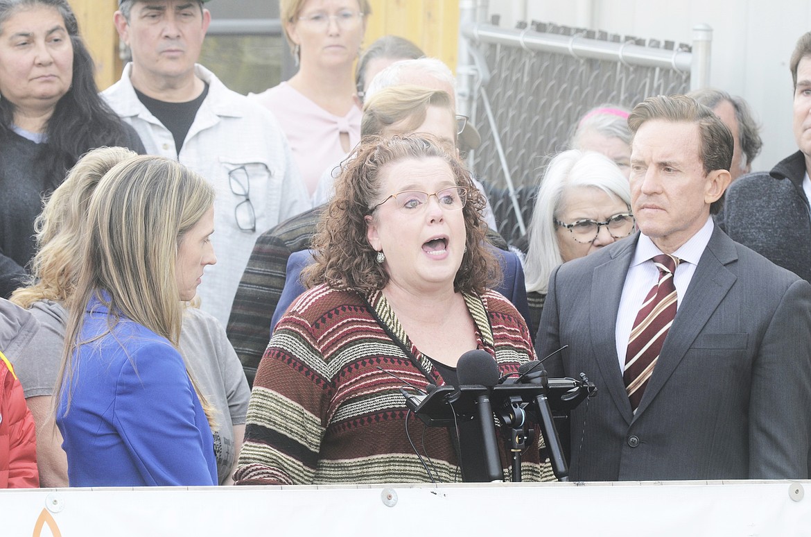 Flathead Warming Center Executive Director Tonya Horn speaks at a press conference at the Flathead Warming Center in Kalispell on Wednesday, Oct. 9, 2024. (Matt Baldwin/Daily Inter Lake)