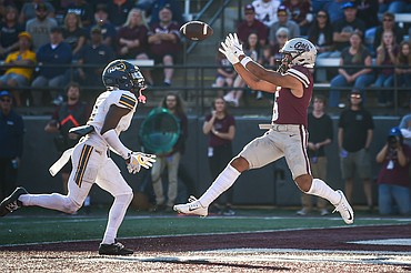 Grizzlies wide receiver Junior Bergen (5) catches an 11-yard touchdown reception in the fourth quarter against Northern Arizona at Washington-Grizzly Stadium on Saturday, Oct. 12. (Casey Kreider/Daily Inter Lake)