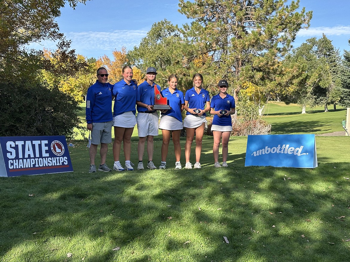 Courtesy photo
The Coeur d'Alene High girls golf team finished second in the state 6A girls golf tournament on Saturday at Highland Golf Course in Pocatello. From left are coach Jeff Lake, Ella Wilson, Jossetta Williams, Leah Heavener, Sophia Vignale and Mady Riley. Not pictured is Stella Deitz.