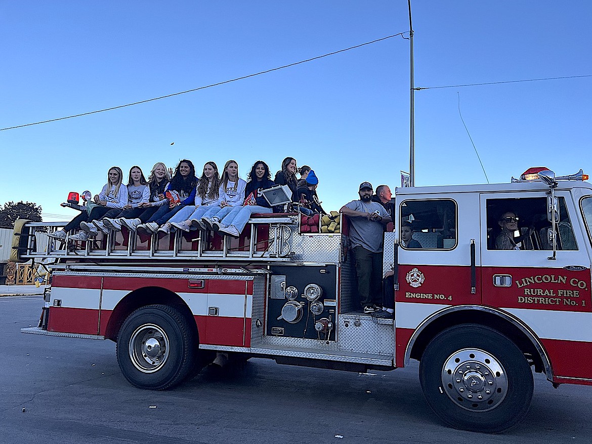 The Libby girls soccer team enjoyed a fire truck ride during the parade Thursday, Oct. 10, 2025, during Libby Homecoming festivities. (Scott Shindledecker)