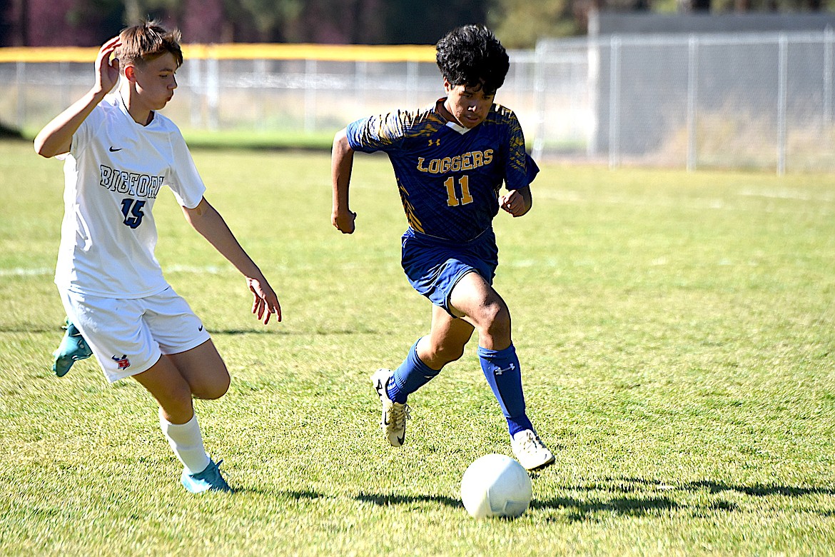 Libby freshman Jonathan Cano races toward the Bigfork goal Saturday, Oct. 12, 2024, against the Vikings. (Scott Shindledecker/The Western News)