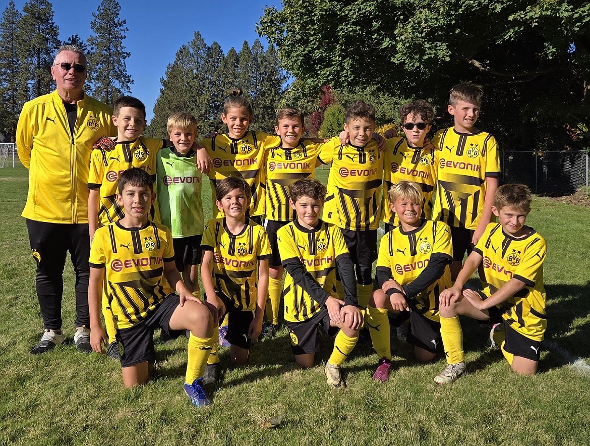 Courtesy photo
The BVBIA CDA boys U11 Yellow soccer team hosted Spokane Shadow B14 N Rave Saturday morning. In the front row from left are Andres Lujan, Griffin Curry, Luke Johnson, Jett Crandall and Sam Mojzis; and back row from left, coach John O’neil, Carter Marine, Ezra Herzog, Steele Steenstra, Ben Erickson, Colin Pinchuk, Graysen Higgins and Davis Hartley.