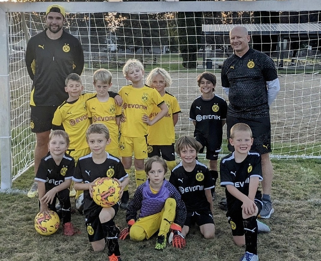 Courtesy photo
BVBIA boys U08 Black and Yellow soccer teams went head to head on Friday night in their first intersquad match. In the front row from left are Lukas Kuhn, Xander Werner, Cooper Lewis, Rockwell Millikan and Sawyer Capaul; and back row from left, coach Ross Kuhn, Jentzen Jelmberg, Maximus Stover, Ryker Bertek, Boone Thomas, Logan Epley and coach Matt Werner.