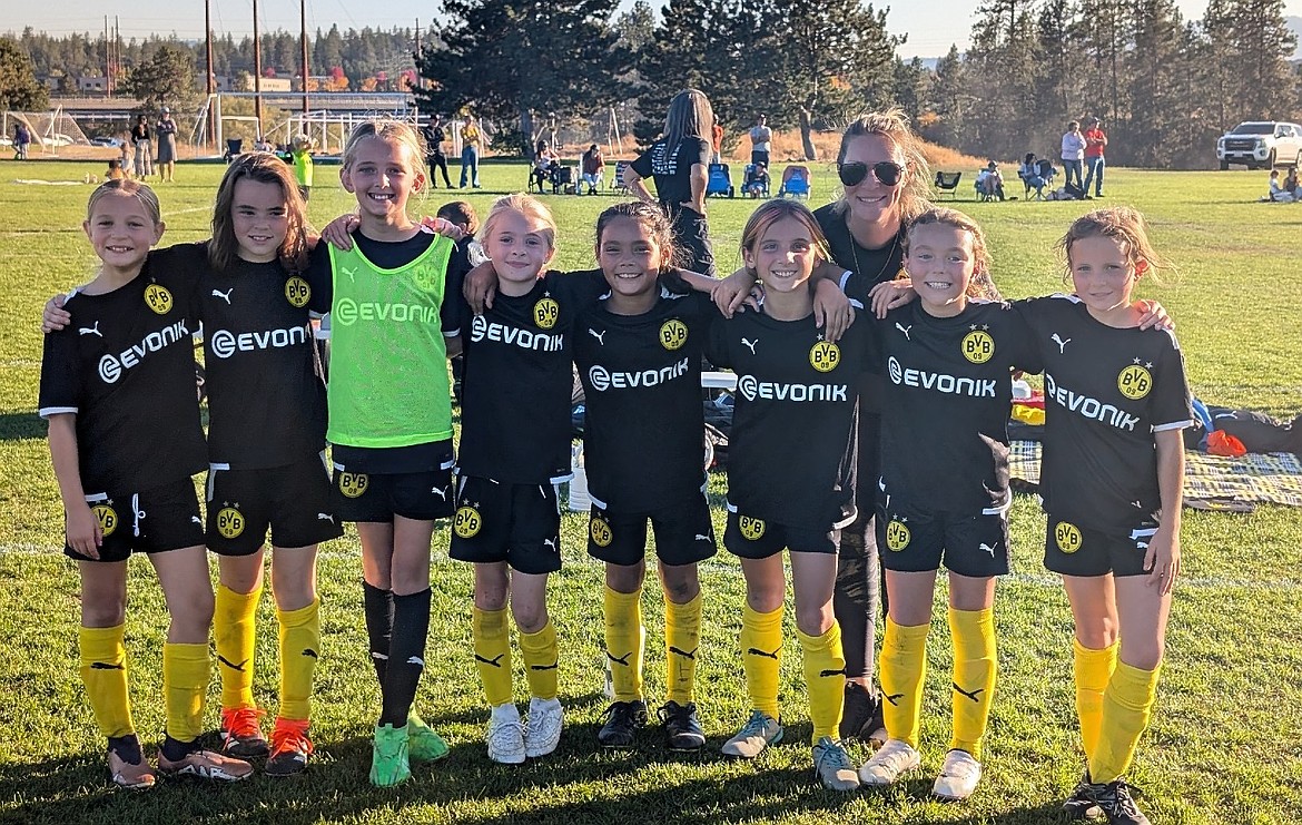 Courtesy photo
The BVBIA CDA girls U10 soccer team played in two matches Saturday. The BVB girls beat both Spokane Shadow Jr G2015 N Blue and WE Surf SC G15 Black 2-1. From left are Memphis Tate, Delilah Morris, Lucille Thomas, London Tierney, Finley Matheson, Hadley Burton, Charlie Perez and Milena Tate; and rear, coach Amity Whittaker.