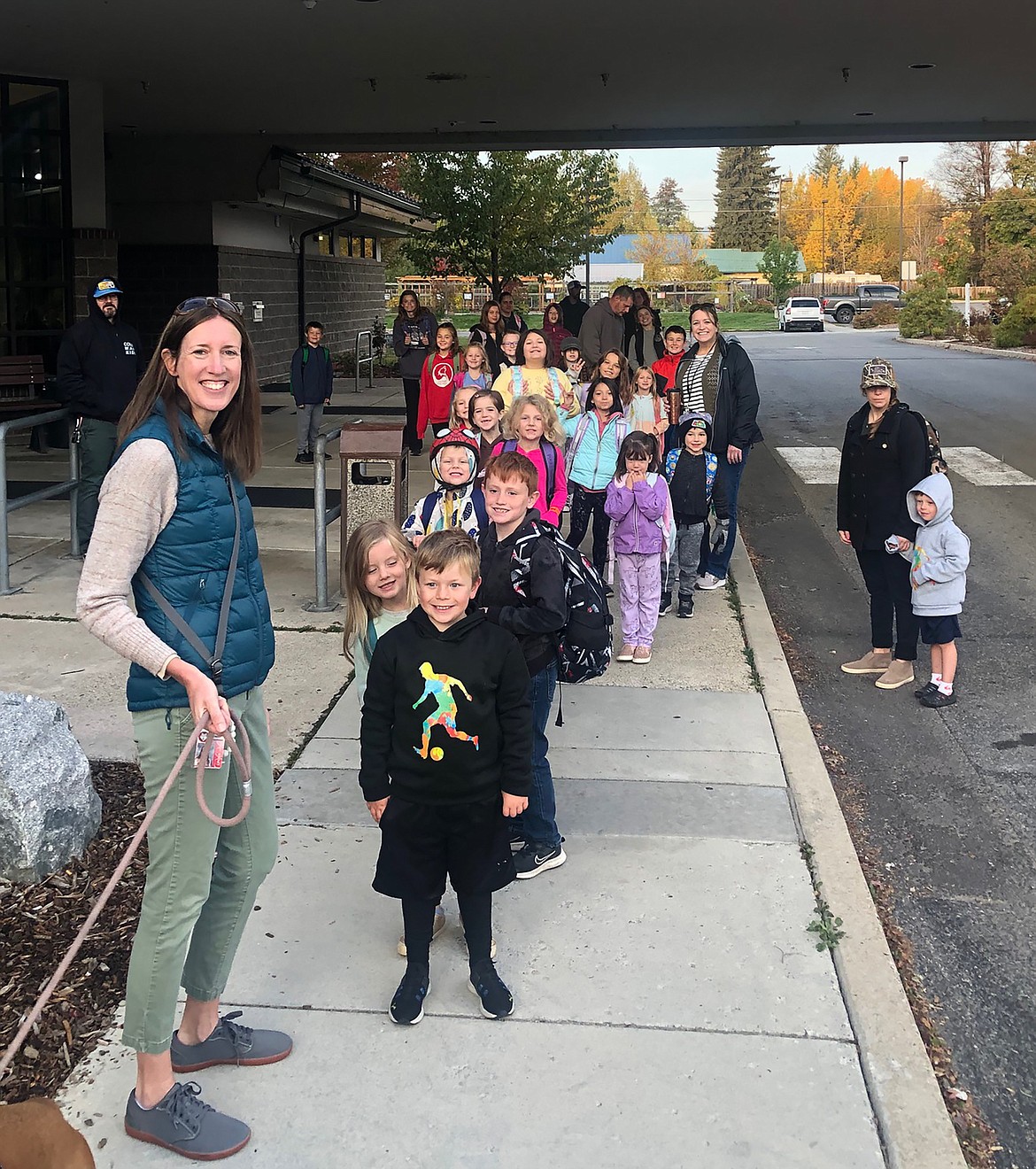 Farmin Elementary students walk to school on International Walk to School Day on Oct. 9.