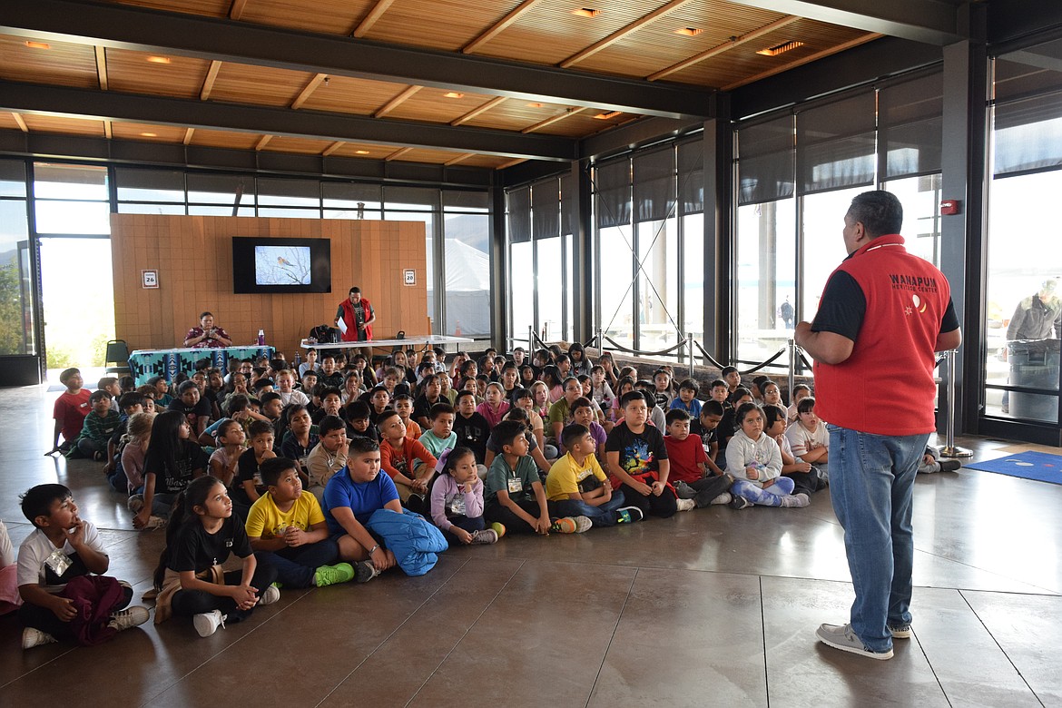 Students from schools around Grant County listen to an opening presentation for the Wanapum and Grant PUD’s Archeology Days.