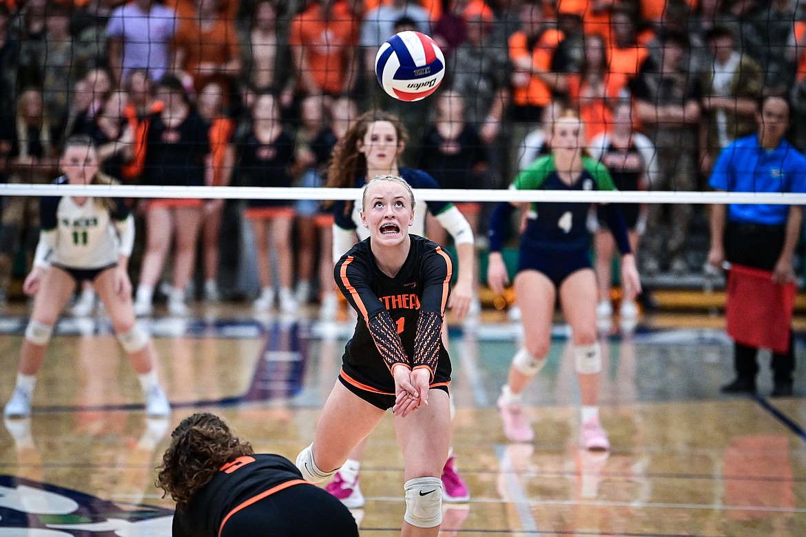 Flathead's Hannah Cantrell (11) passes to a teammate against Glacier at Glacier High School on Tuesday, Oct. 15. (Casey Kreider/Daily Inter Lake)