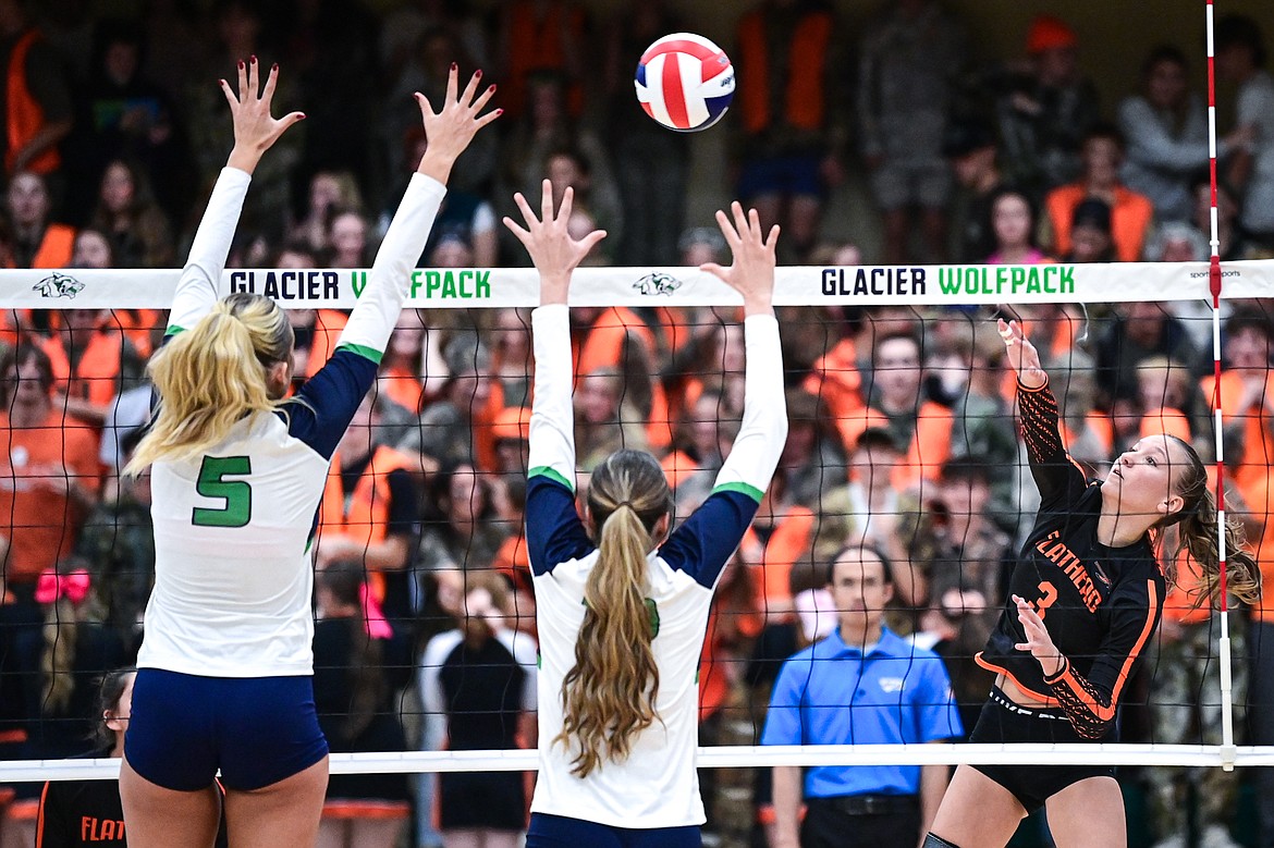 Flathead's Addi Smith (3) goes to the net for a kill against Glacier at Glacier High School on Tuesday, Oct. 15. (Casey Kreider/Daily Inter Lake)