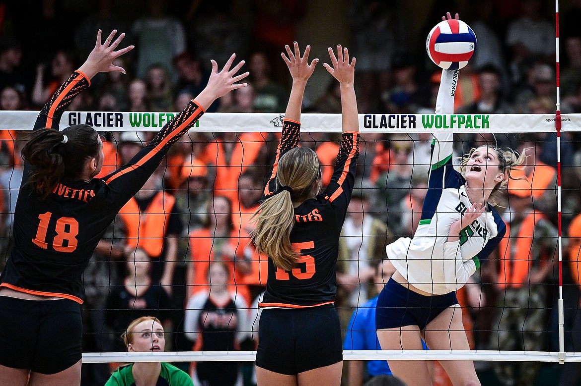 Glacier's Jaidyn Pevey  (6) goes to the net for a kill against Flathead at Glacier High School on Tuesday, Oct. 15. (Casey Kreider/Daily Inter Lake)