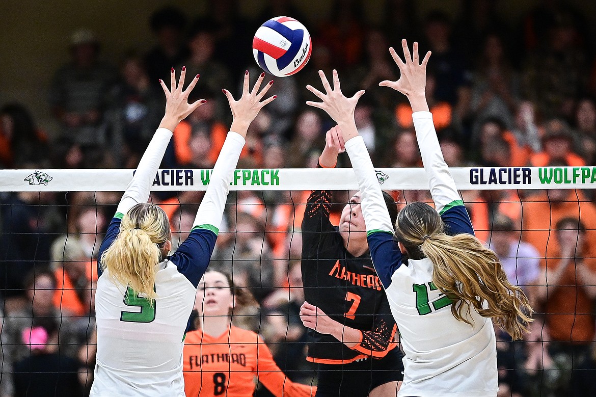 Flathead's Bristol Lenz (7) goes to the net for a kill against Glacier at Glacier High School on Tuesday, Oct. 15. (Casey Kreider/Daily Inter Lake)