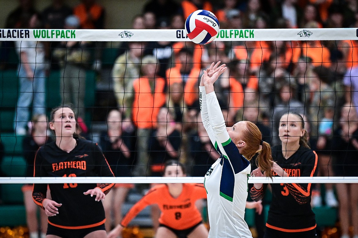 Glacier's Madi Stevens (10) sets at the net against Flathead at Glacier High School on Tuesday, Oct. 15. (Casey Kreider/Daily Inter Lake)