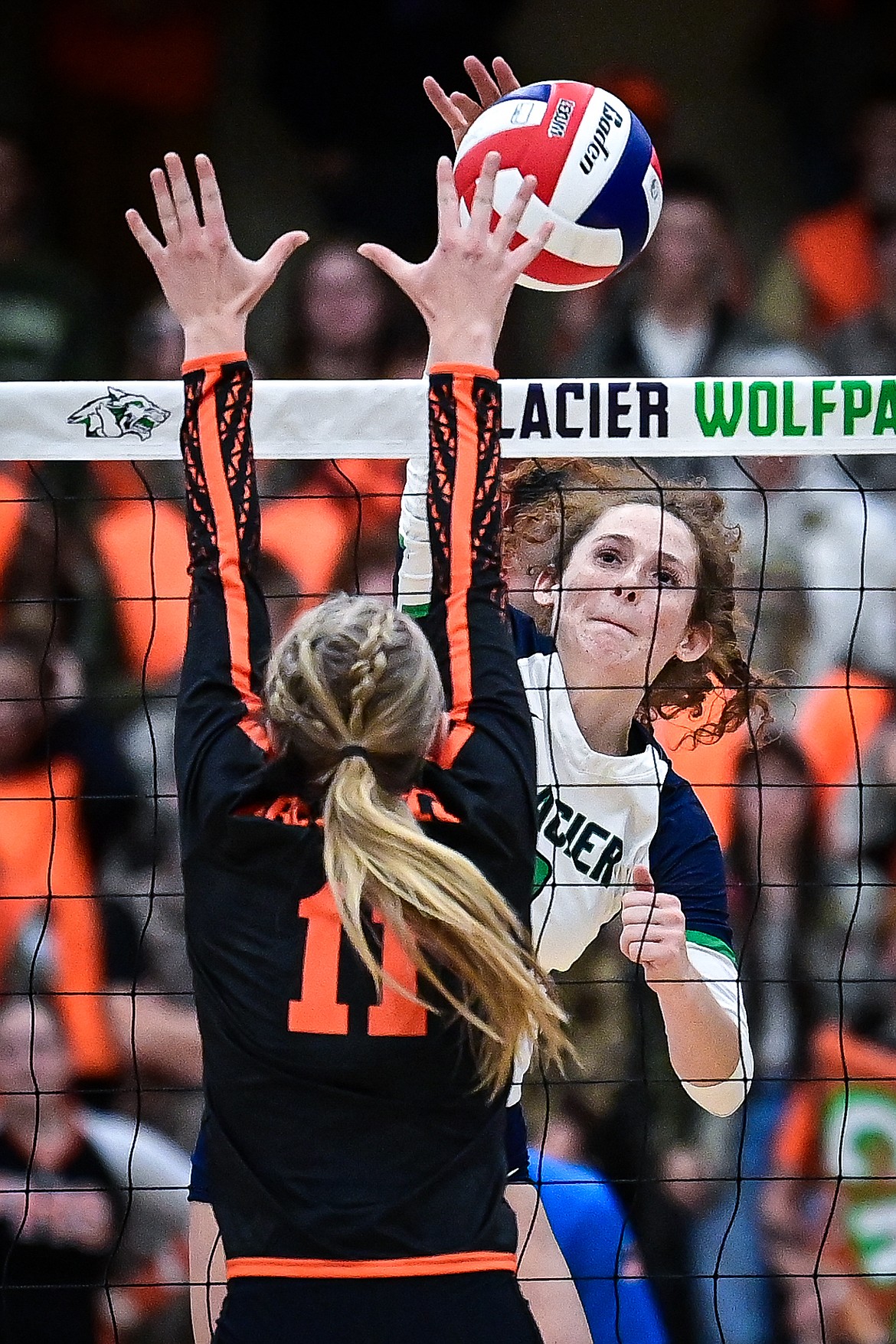 Glacier's Cassidy Daniels (3) goes to the net for a kill against Flathead at Glacier High School on Tuesday, Oct. 15. (Casey Kreider/Daily Inter Lake)