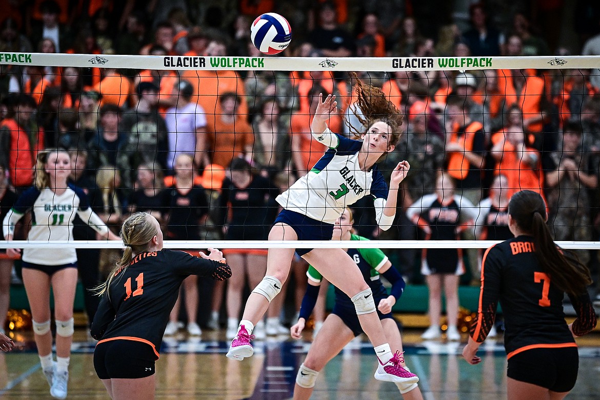 Glacier's Cassidy Daniels (3) goes to the net for a kill against Flathead at Glacier High School on Tuesday, Oct. 15. (Casey Kreider/Daily Inter Lake)