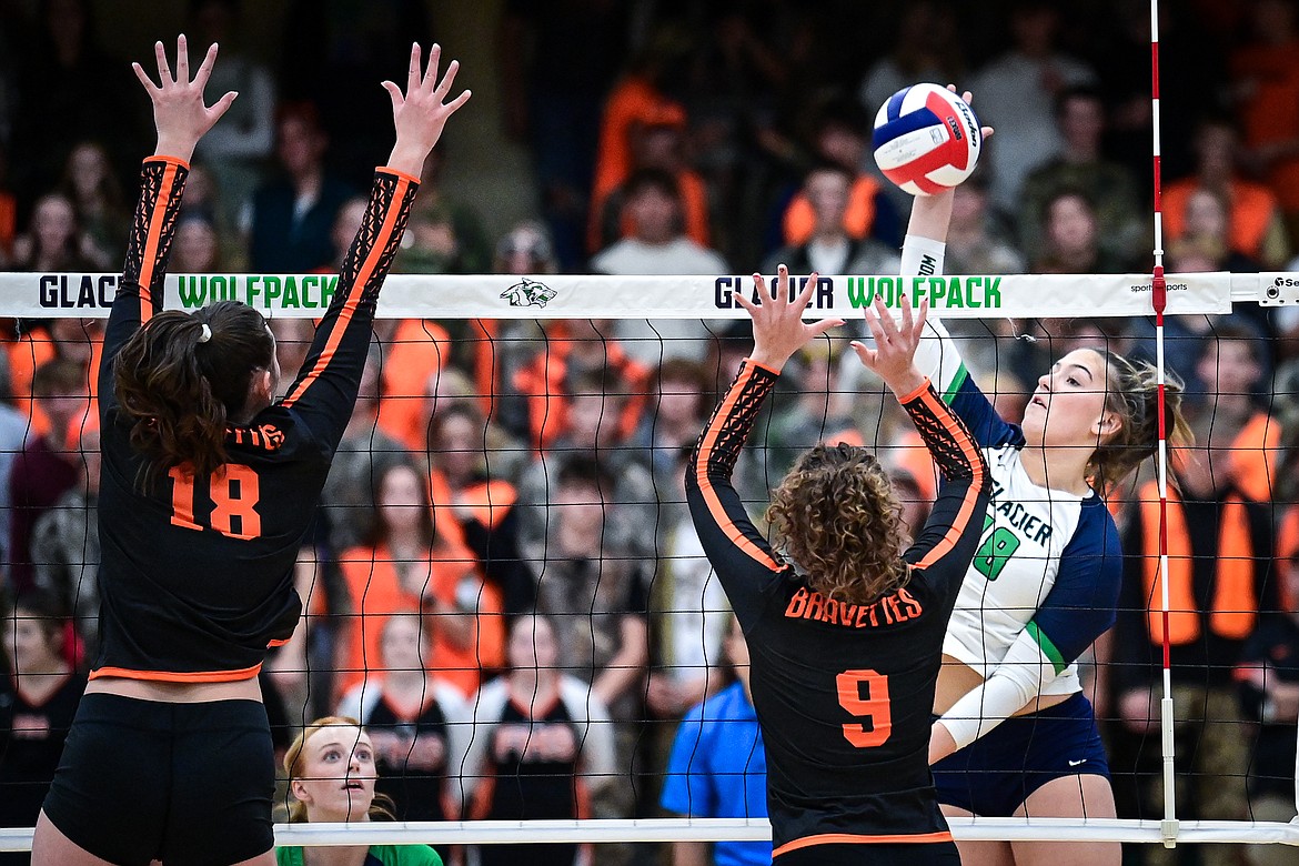 Glacier's Allie Krueger (18) goes to the net for a kill against Flathead at Glacier High School on Tuesday, Oct. 15. (Casey Kreider/Daily Inter Lake)