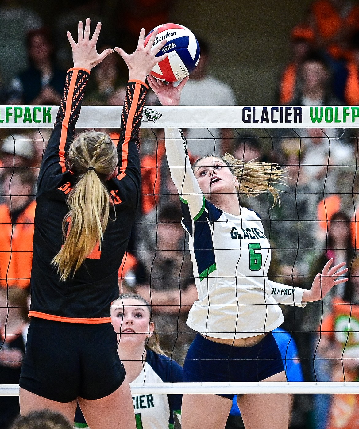 Glacier's Jaidyn Pevey  (6) goes to the net for a kill against Flathead at Glacier High School on Tuesday, Oct. 15. (Casey Kreider/Daily Inter Lake)