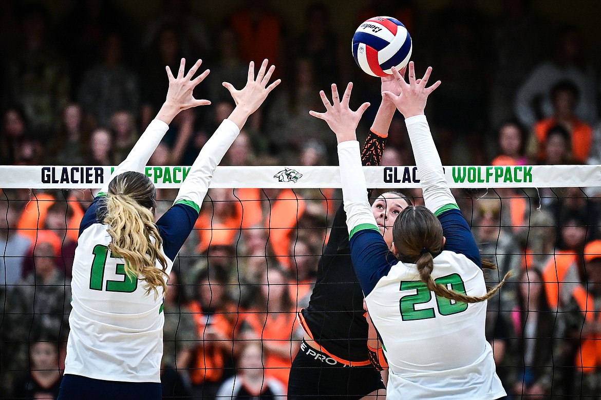 Flathead's Bristol Lenz (7) goes to the net for a kill against Glacier at Glacier High School on Tuesday, Oct. 15. (Casey Kreider/Daily Inter Lake)