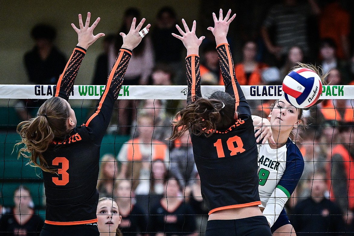 Glacier's Allie Krueger (18) goes to the net for a kill against Flathead at Glacier High School on Tuesday, Oct. 15. (Casey Kreider/Daily Inter Lake)