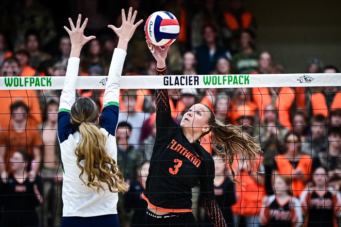 Flathead's Addi Smith (3) goes to the net for a kill against Glacier at Glacier High School on Tuesday, Oct. 15. (Casey Kreider/Daily Inter Lake)