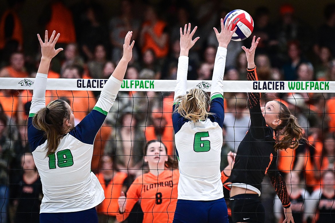 Flathead's Addi Smith (3) goes to the net for a kill against Glacier at Glacier High School on Tuesday, Oct. 15. (Casey Kreider/Daily Inter Lake)