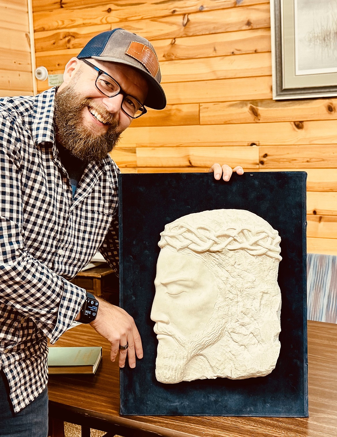 Aaron Street with Oskar Hansen’s rediscovered sculpture in Bigfork last week. (Courtesy/Aaron Street)