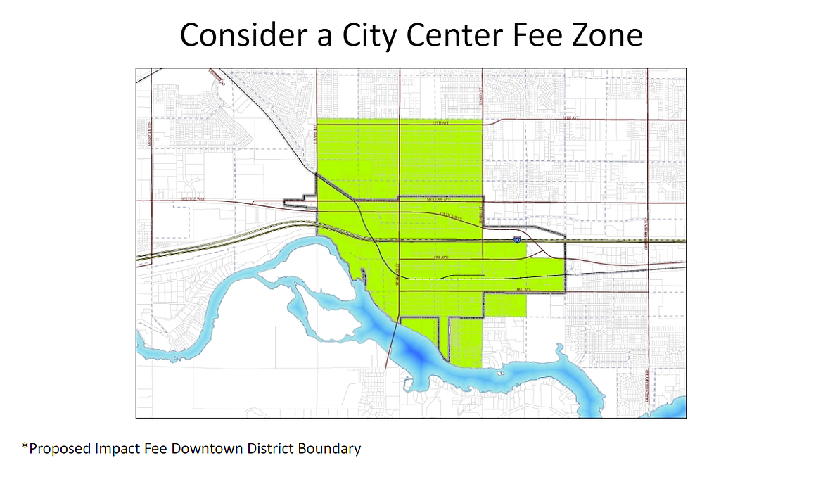 The impact fee study for Post Falls is looking potentially introducing a city center fee zone with reduced fees. The zone would be determined using traffic analysis zone data.