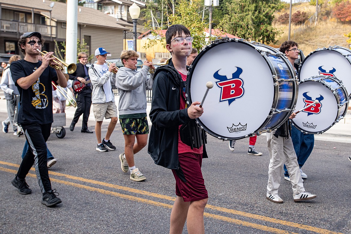 The Bigfork High School pep band marches downtown during the Homecoming parade Friday, Oct. 11. (Avery Howe/Bigfork Eagle)