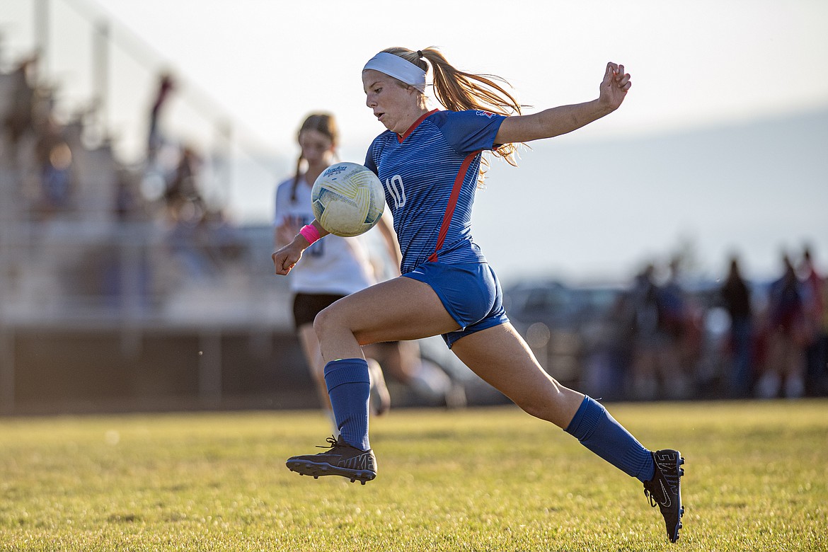 Valkyrie Michaela Anderson races downfield playing Thompson Falls at home Tuesday, Oct. 8. Bigfork won in a shutout, 10-0. (Avery Howe/Bigfork Eagle)