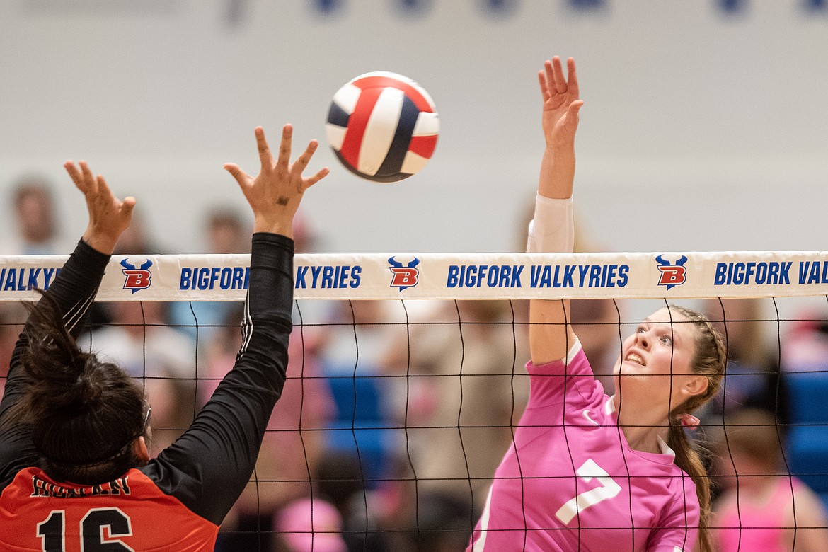 Maddie Corona makes a kill for the Vals Thursday, Oct. 10. (Avery Howe/Bigfork Eagle)