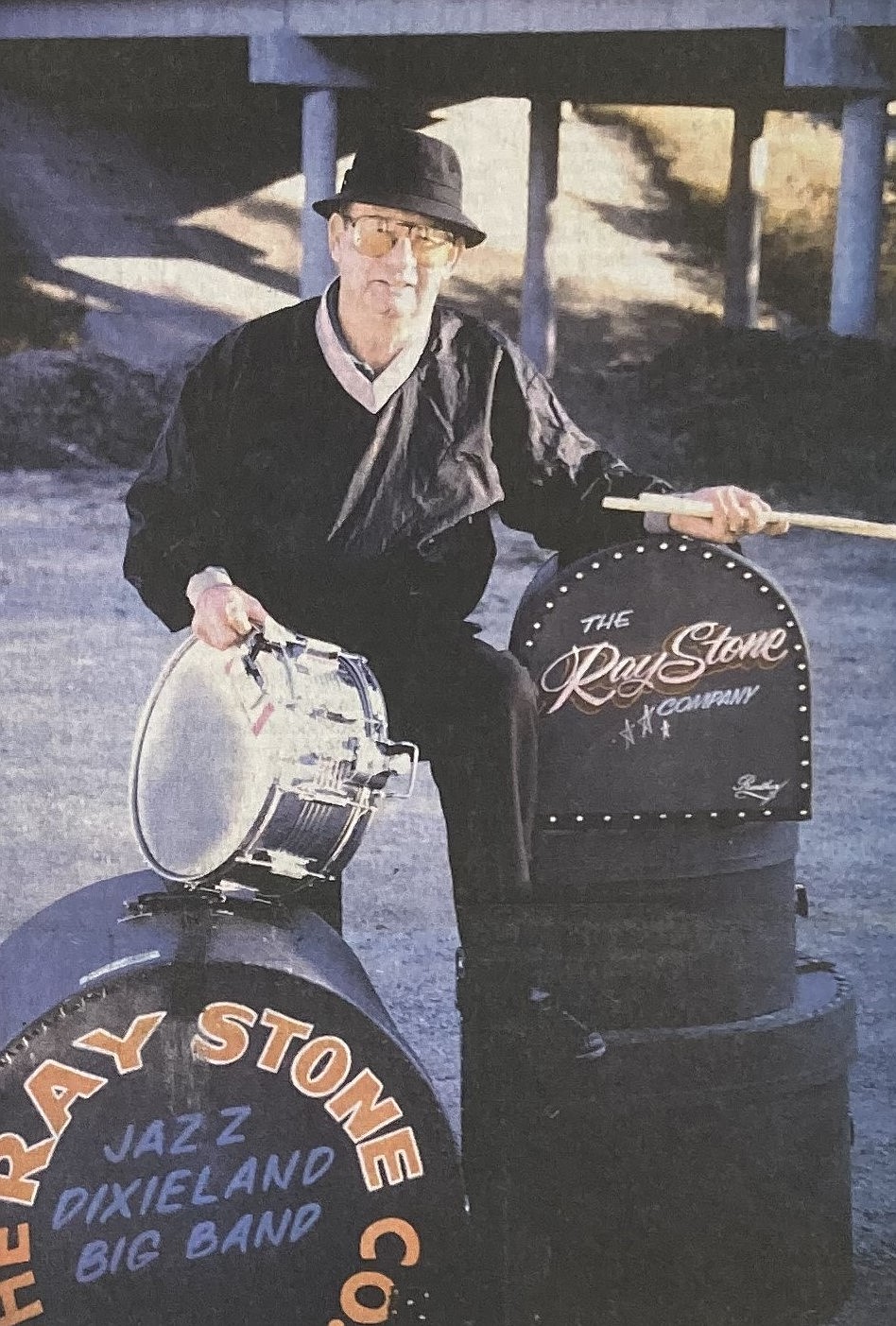 In 1994, Ray Stone displays the drums he used for his jazz combo.