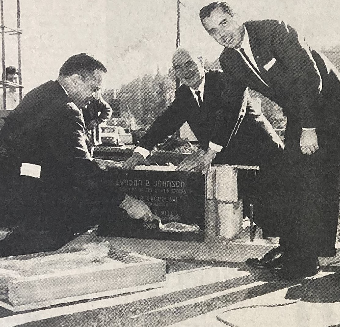 From left, Congressman Compton White, postmaster Eugene MacDonald and regional postmaster James Symbol lay a cornerstone in 1964.