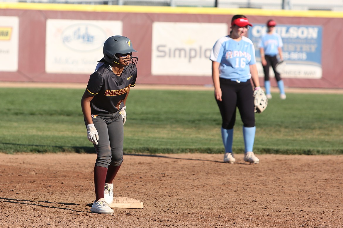 Moses Lake freshman Mya Martinez, in grey, stands on second base during a doubleheader against West Valley (Yakima) on Oct. 8. Martinez was one of four Mavericks that hit a home run in Thursday’s nightcap of a doubleheader against Eastmont.