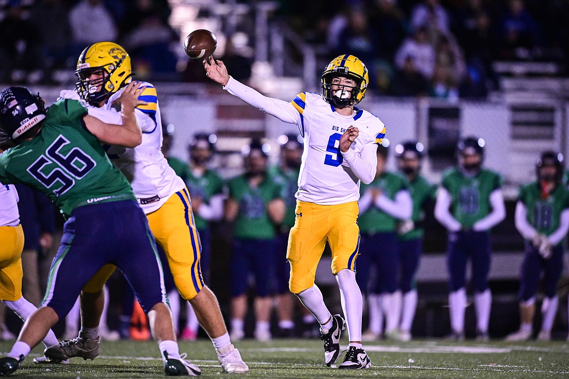 Missoula Big Sky quarterback Avery Omlid (9) throws in the third quarter against Glacier at Legends Stadium on Thursday, Oct. 17. (Casey Kreider/Daily Inter Lake)