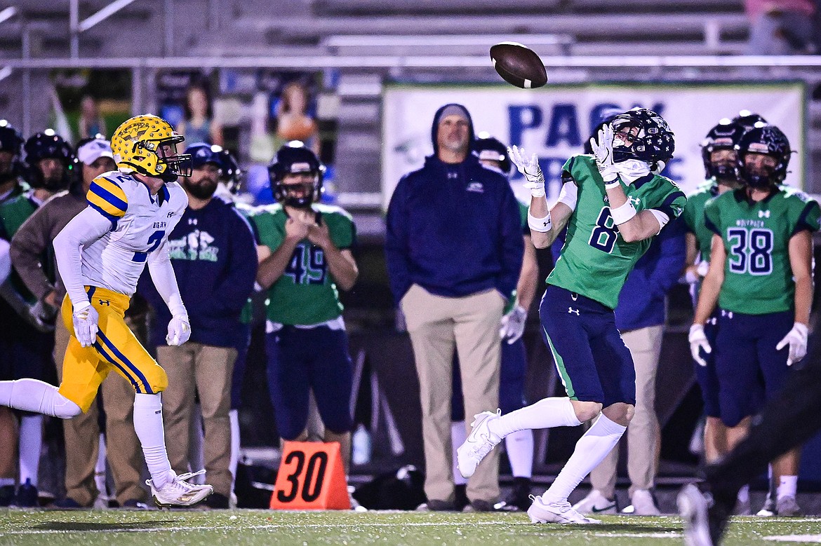 Glacier wide receiver Cooper Pelc (8) catches an 87-yard touchdown reception in the third quarter against Missoula Big Sky at Legends Stadium on Thursday, Oct. 17. (Casey Kreider/Daily Inter Lake)