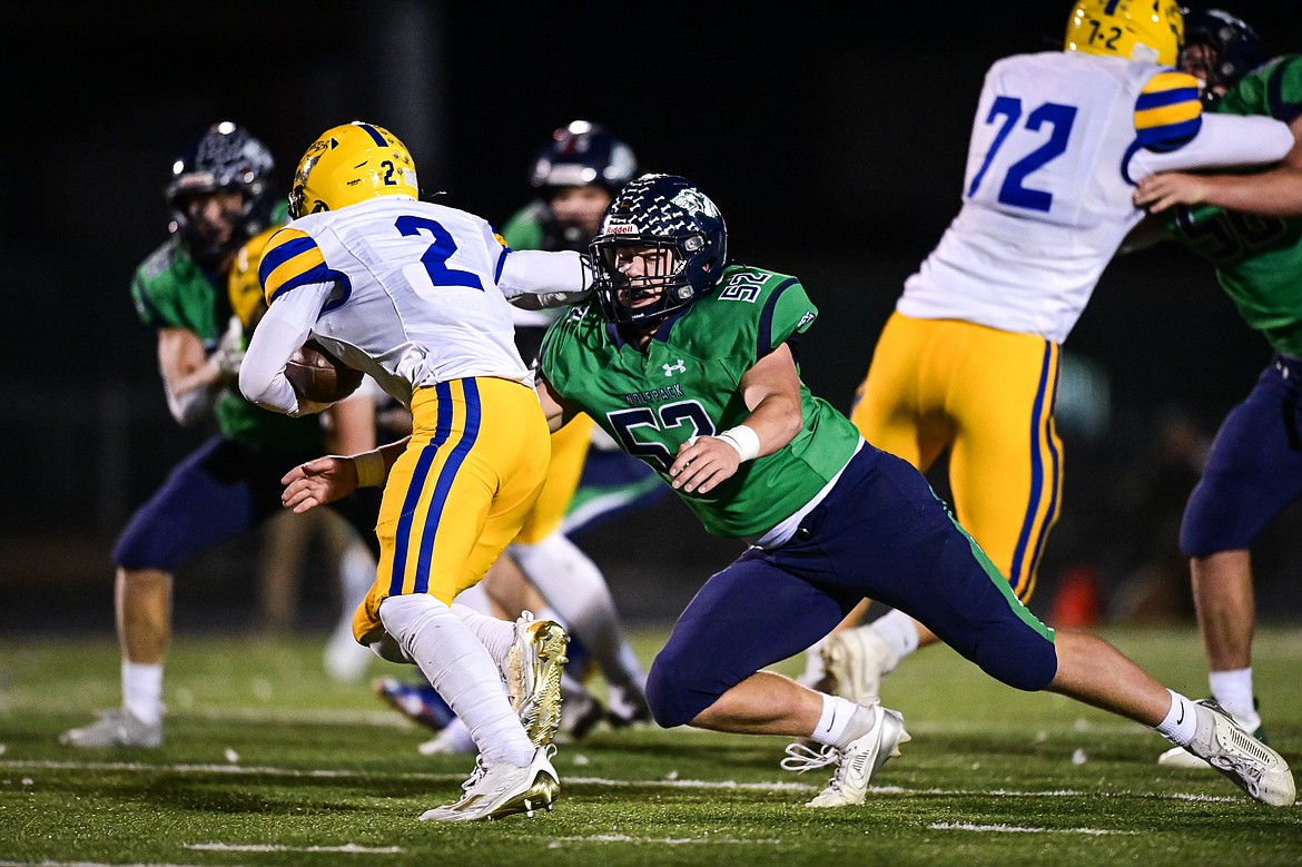 Glacier defensive lineman Wayne Cox (52) tackles Missoula Big Sky wide receiver Brady Williams (2) on a run in the first quarte  at Legends Stadium on Thursday, Oct. 17. (Casey Kreider/Daily Inter Lake)