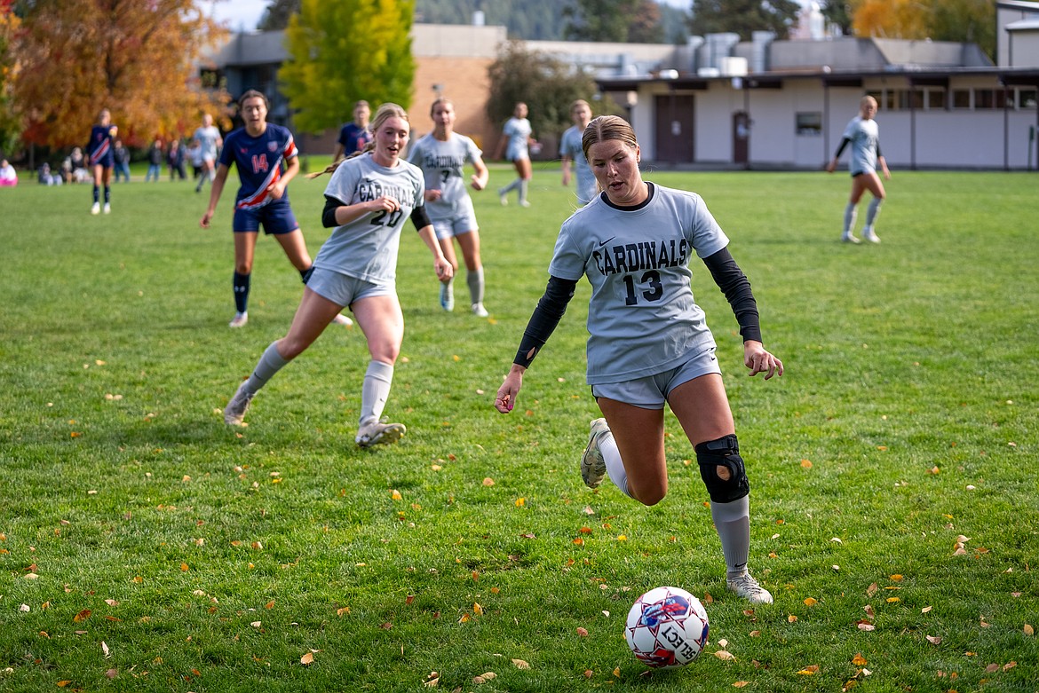 NIC ATHLETICS
North Idaho College sophomore Adison Stoddard attempts to move the ball up the field during the Cardinals Scenic West Athletic Conference match with Snow on Thursday at Eisenwinter Field.