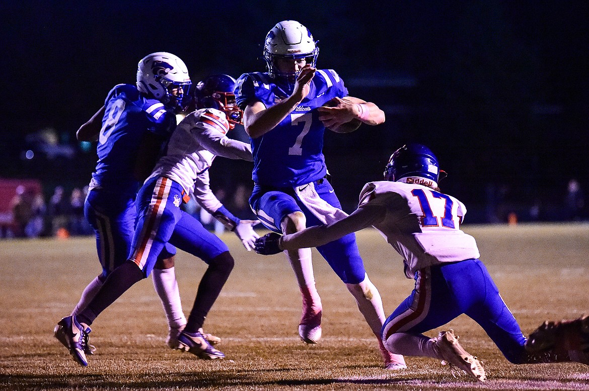 Columbia Falls quarterback Banyan Johnston (7) scores a touchdown on a run in the first quarter against Bigfork at Satterthwaite Field on Friday, Oct. 18. (Casey Kreider/Daily Inter Lake)