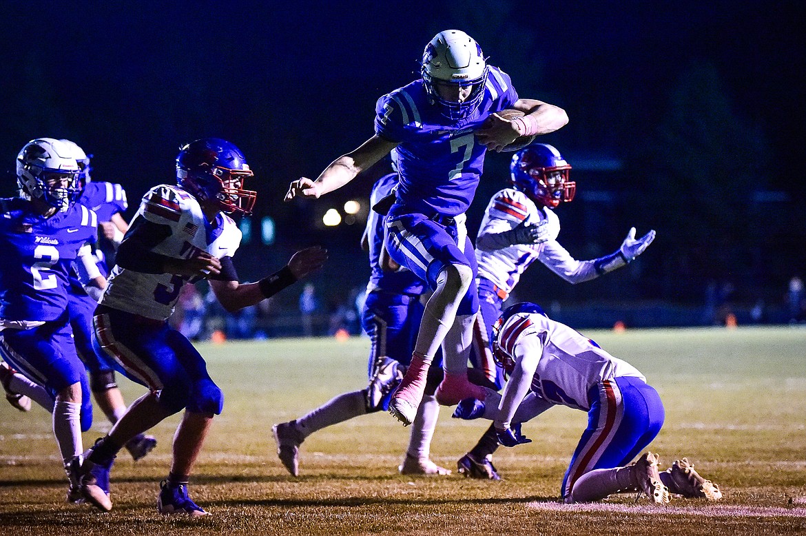 Columbia Falls quarterback Banyan Johnston (7) scores a touchdown on a run in the first quarter against Bigfork at Satterthwaite Field on Friday, Oct. 18. (Casey Kreider/Daily Inter Lake)