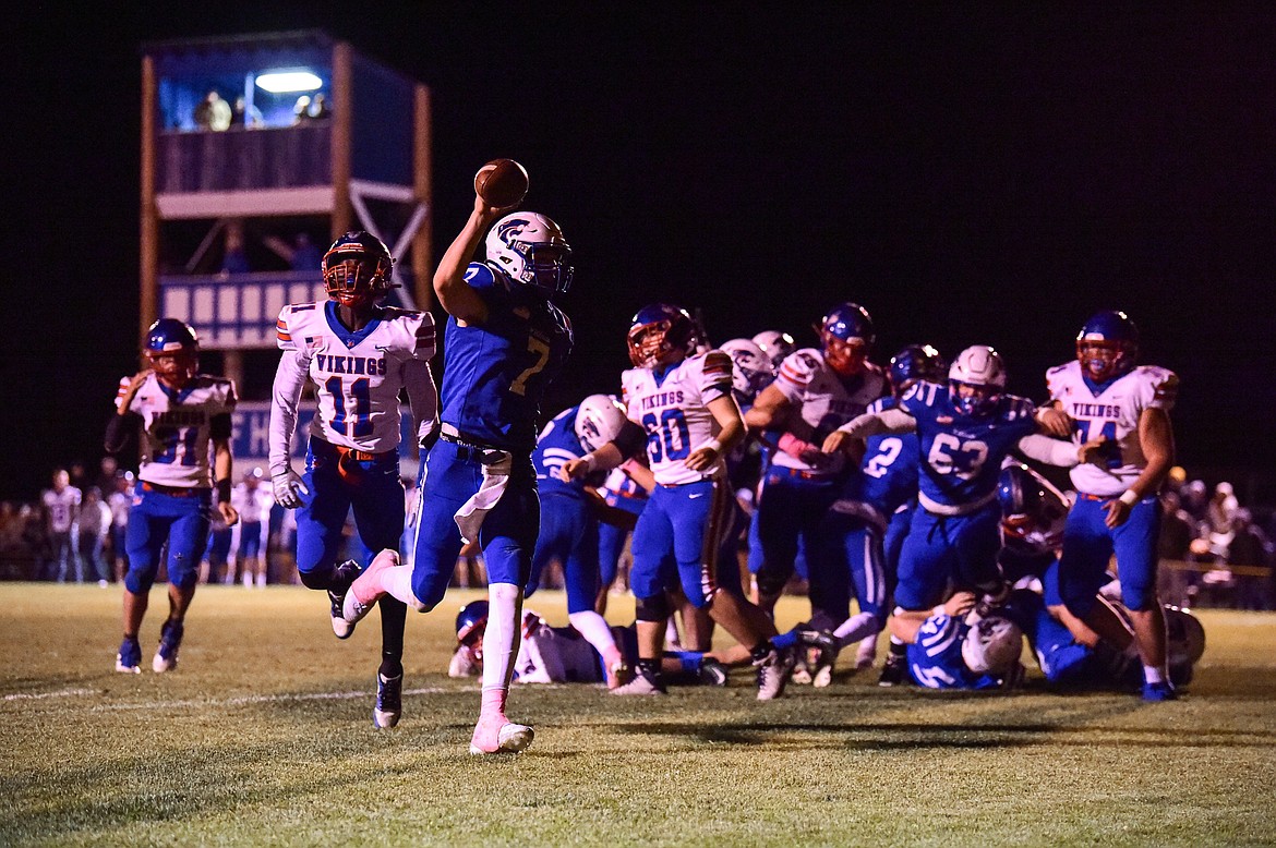 Columbia Falls quarterback Banyan Johnston (7) scores a touchdown on a run in the second quarter against Bigfork at Satterthwaite Field on Friday, Oct. 18. (Casey Kreider/Daily Inter Lake)